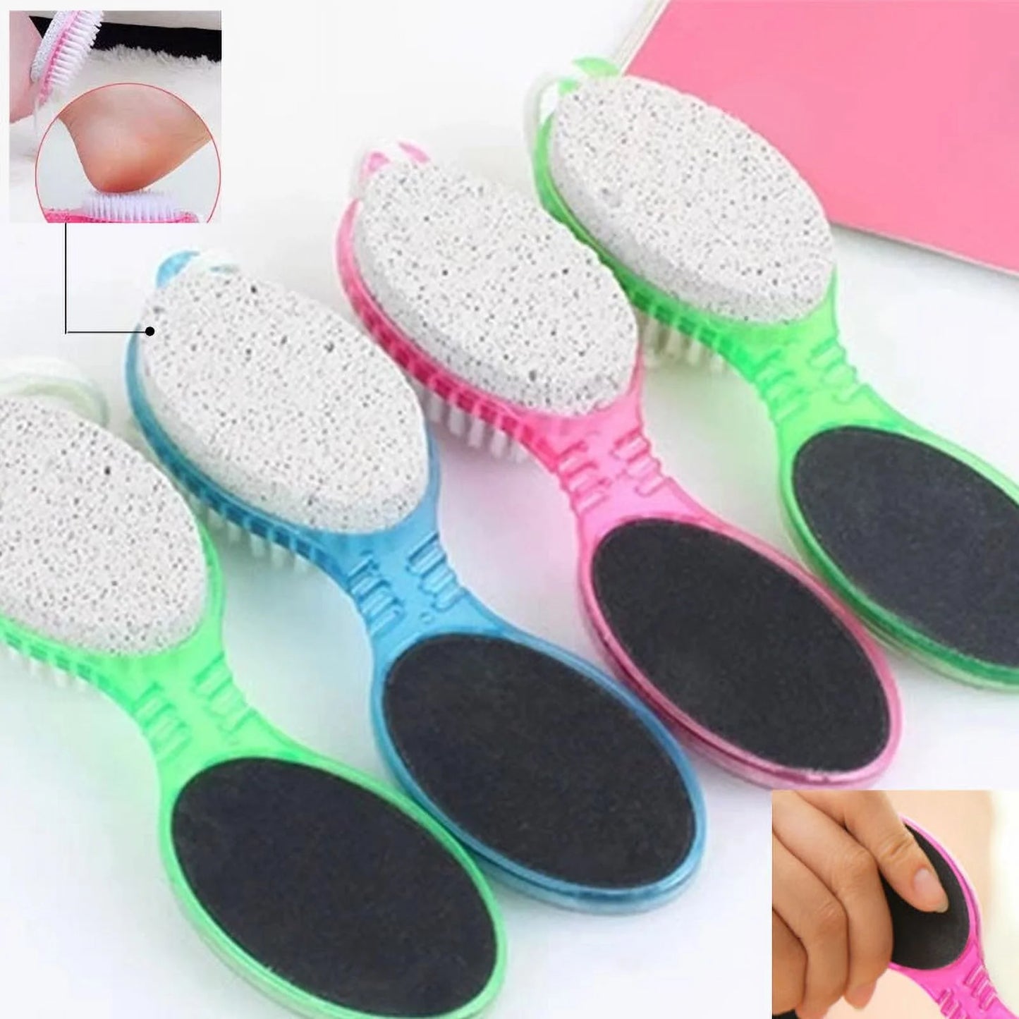 4-in-1 Foot Care Callus Brush and Pumice Scrubber for Exfoliating Pedicures with Double-Sided Eye Shadow Applicator