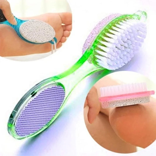 4-in-1 Foot Care Callus Brush and Pumice Scrubber for Exfoliating Pedicures with Double-Sided Eye Shadow Applicator