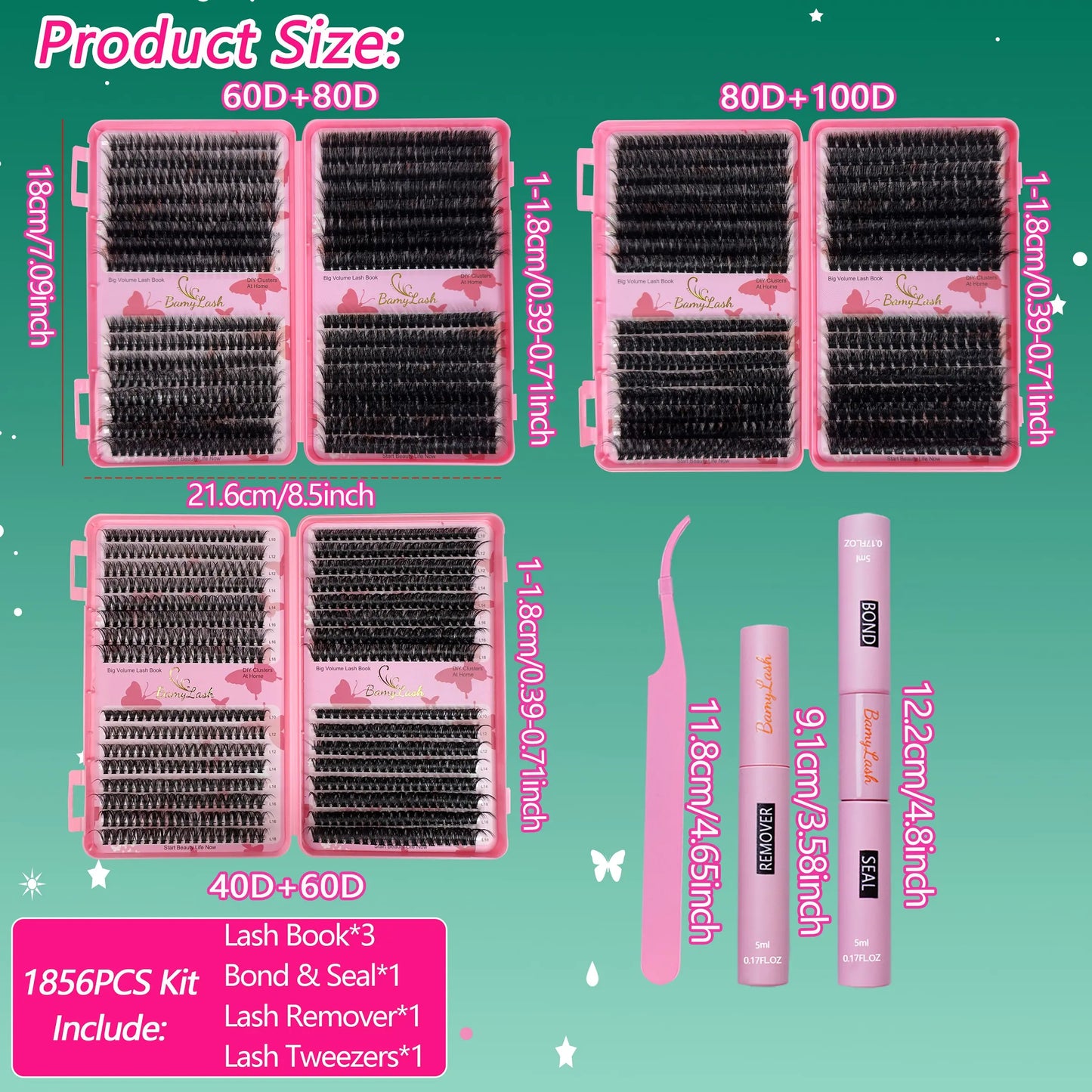 Lash Clusters Kit 10-18Mm D Curl, Natural Volume Thick Individual Eyelashes, Includes Bond & Seal Remover Applicator,Perfect for Beginners, DIY at Home Lash Extension for Everyday Use and Make Up,Gift for Family and Friend, DIY Eyelash Extensions