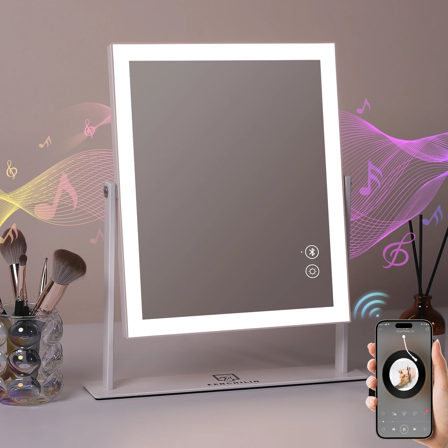 12" x 14" Bluetooth-Enabled Vanity Makeup Mirror with Lights - Metal Tabletop in White