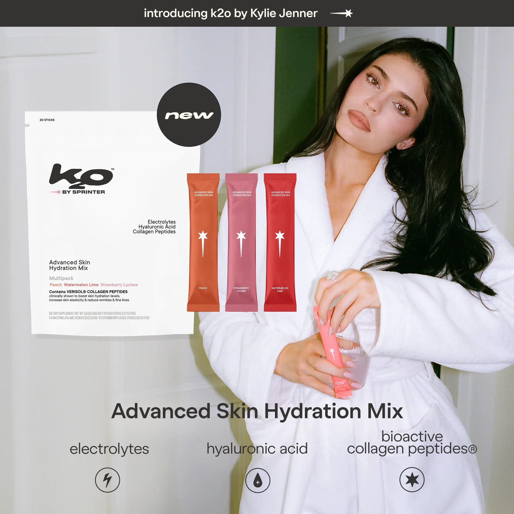 K2O by Kylie Jenner Advanced Skin Hydration Mix with Electrolytes, Hyaluronic Acid & Verisol Collagen Peptides - Clinically Shown to Boost Hydration & Reduce Wrinkles - Available in 3 Flavors, 20 Sticks