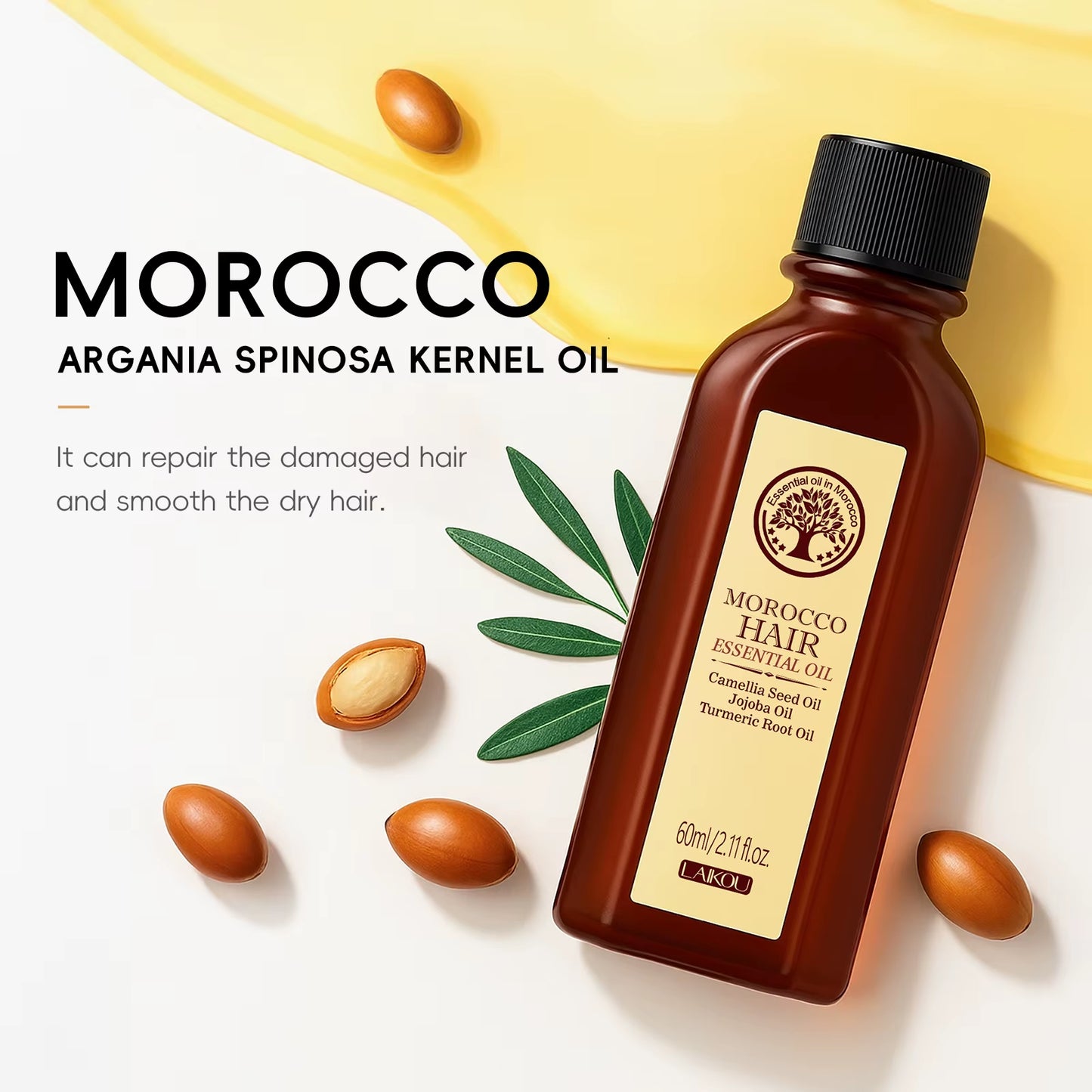 Moroccan Argan Oil Hair Essential Oil 60ml - Nourishing and Smoothing Treatment for All Hair Types, Repairs Damaged Hair and Reduces Frizz