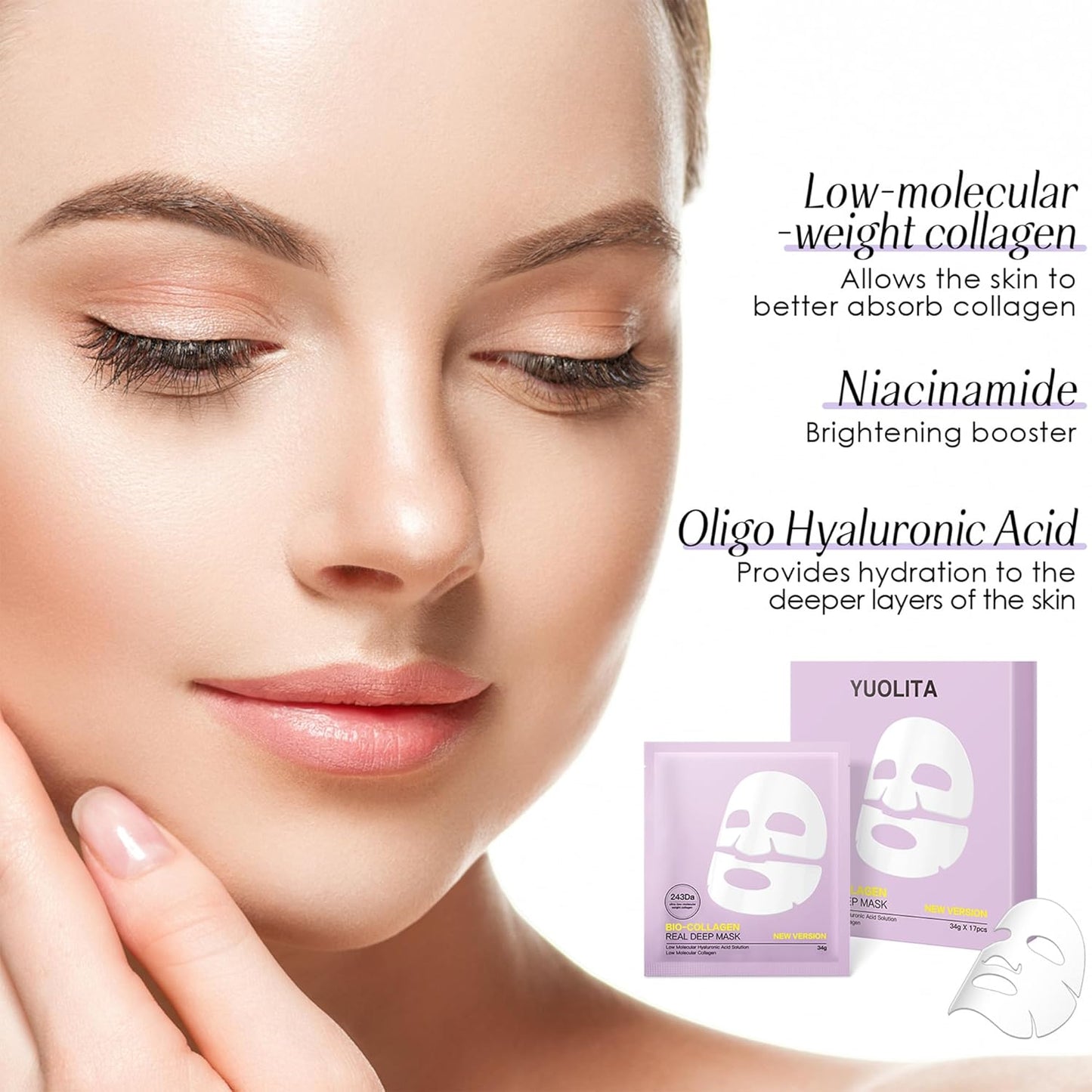 Deep Collagen Hydrogel Facial Mask for Radiant Skin, Hydrating Overnight Treatment with Low Molecular Weight Collagen for Lifting, Firming, and Moisturizing