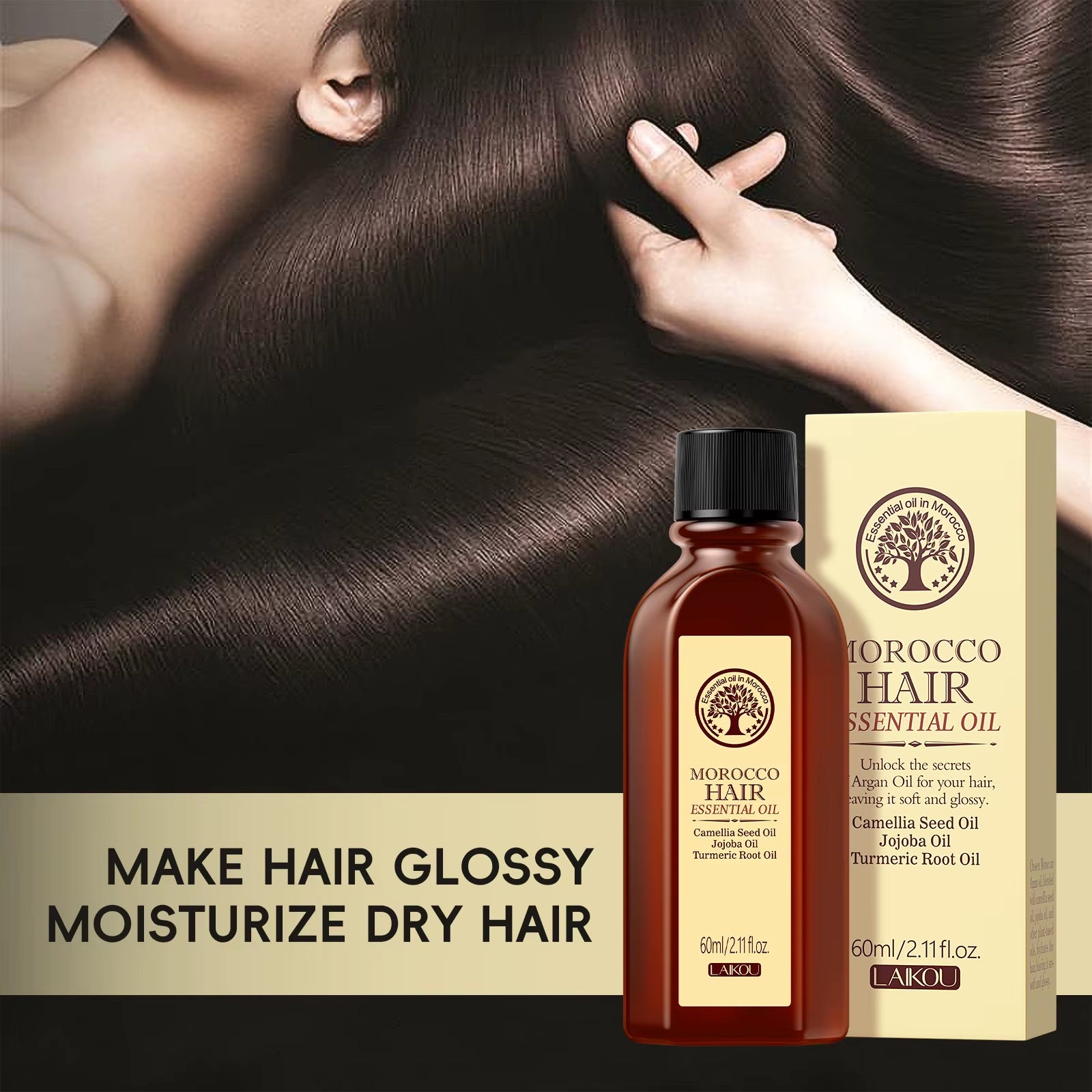 Moroccan Argan Oil Hair Essential Oil 60ml - Nourishing and Smoothing Treatment for All Hair Types, Repairs Damaged Hair and Reduces Frizz