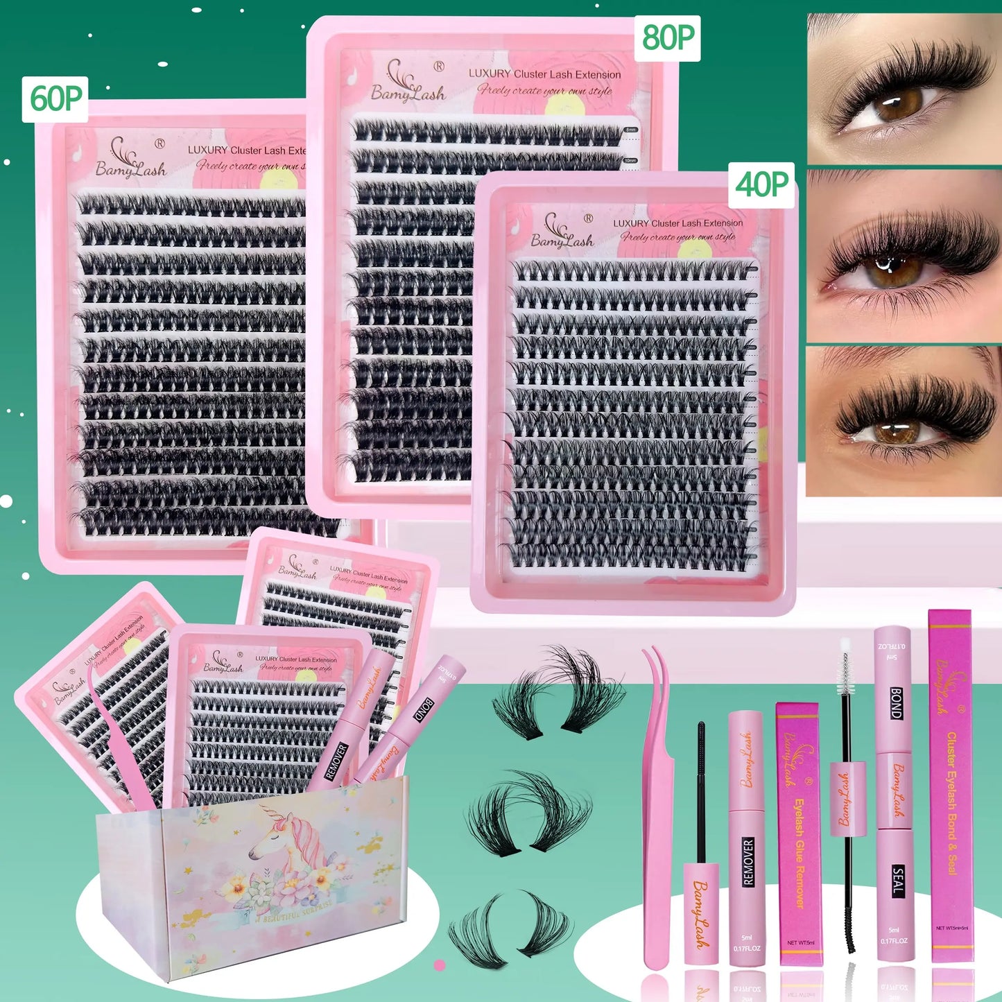 Lash Clusters Kit 10-18Mm D Curl, Natural Volume Thick Individual Eyelashes, Includes Bond & Seal Remover Applicator,Perfect for Beginners, DIY at Home Lash Extension for Everyday Use and Make Up,Gift for Family and Friend, DIY Eyelash Extensions
