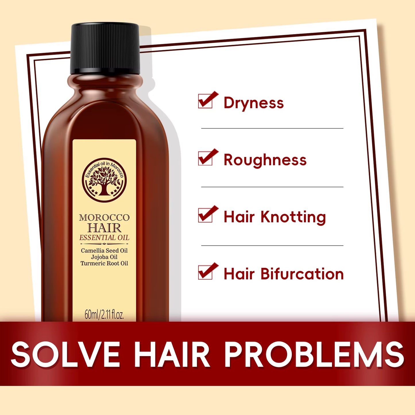 Moroccan Argan Oil Hair Essential Oil 60ml - Nourishing and Smoothing Treatment for All Hair Types, Repairs Damaged Hair and Reduces Frizz