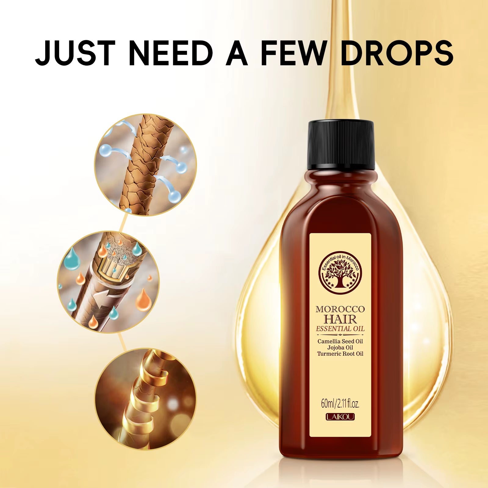 Moroccan Argan Oil Hair Essential Oil 60ml - Nourishing and Smoothing Treatment for All Hair Types, Repairs Damaged Hair and Reduces Frizz