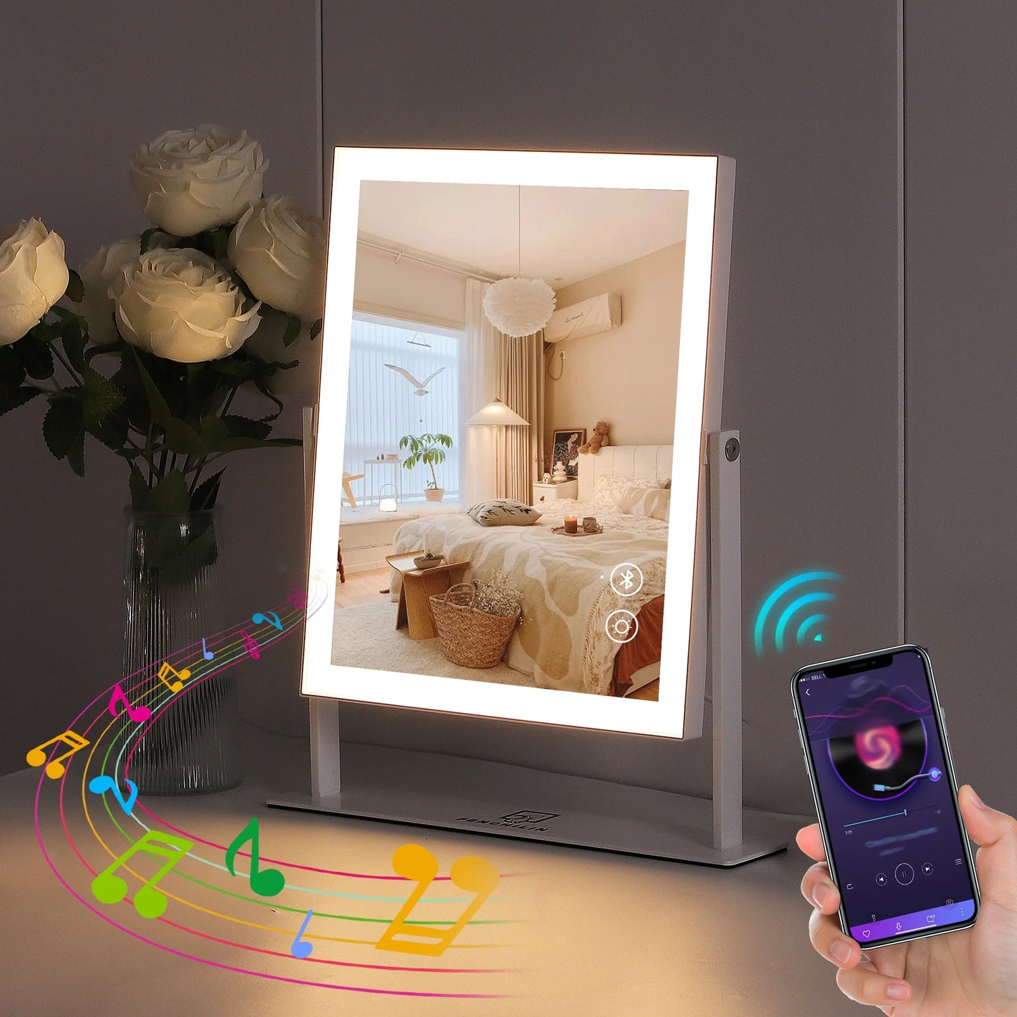 12" x 14" Bluetooth-Enabled Vanity Makeup Mirror with Lights - Metal Tabletop in White