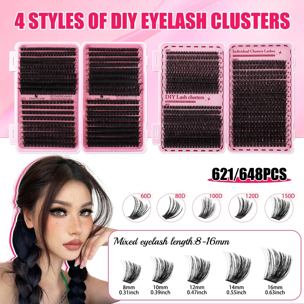 Slender and Soft False Eyelashes, DIY Volume Eyelashes, Multi-Functional Eyelash Book 60D–150D with Mixed Natural Thick Eyelash Clusters Extensions (8Mm–16Mm), D Curl Lashes for Daily Makeup, Charming Eyes, Beginner-Friendly Reusable #GLOBAL PICKS