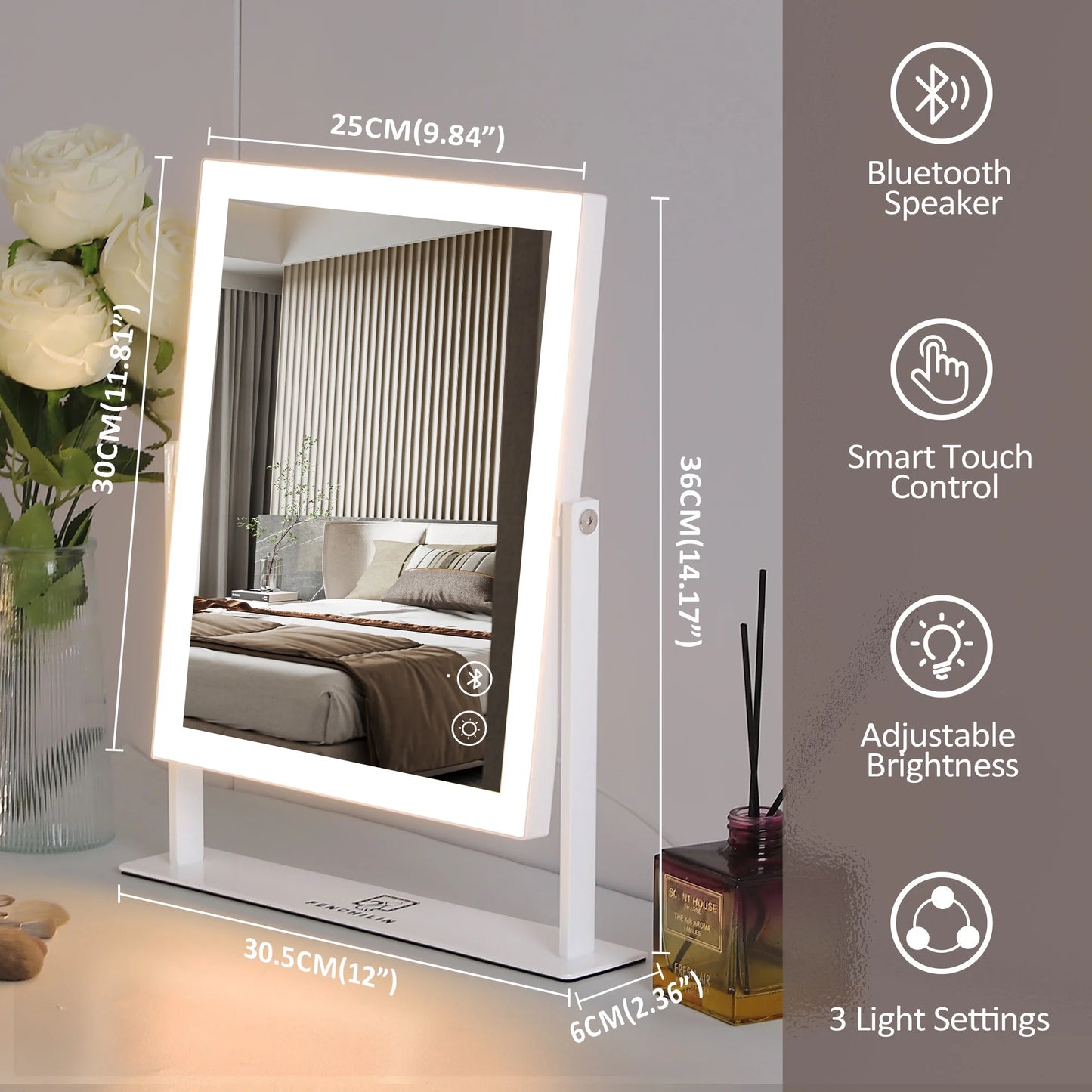 12" x 14" Bluetooth-Enabled Vanity Makeup Mirror with Lights - Metal Tabletop in White