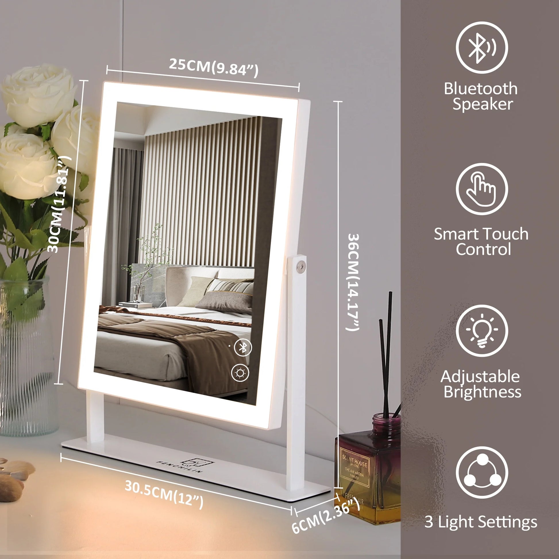 12" x 14" Bluetooth-Enabled Vanity Makeup Mirror with Lights - Metal Tabletop in White