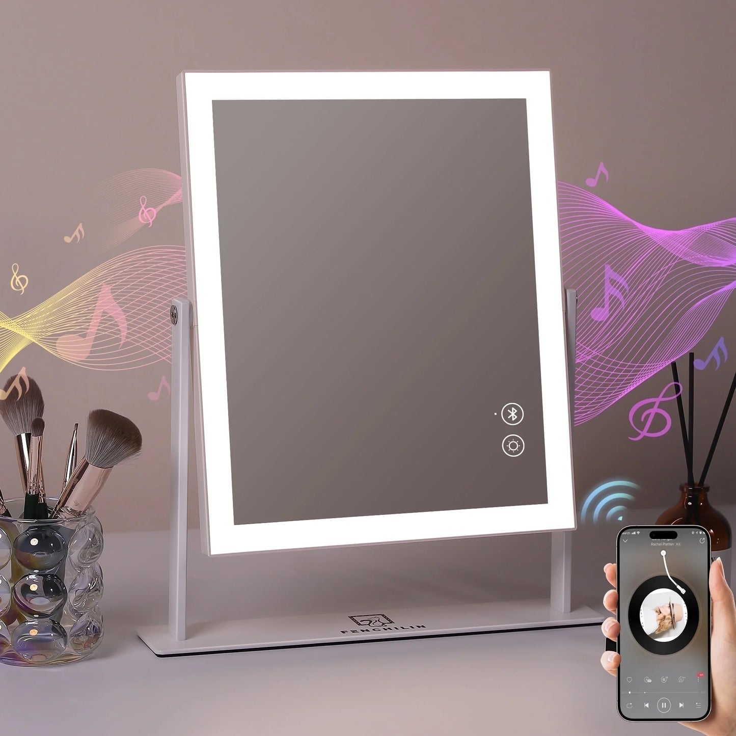 12" x 14" Bluetooth-Enabled Vanity Makeup Mirror with Lights - Metal Tabletop in White