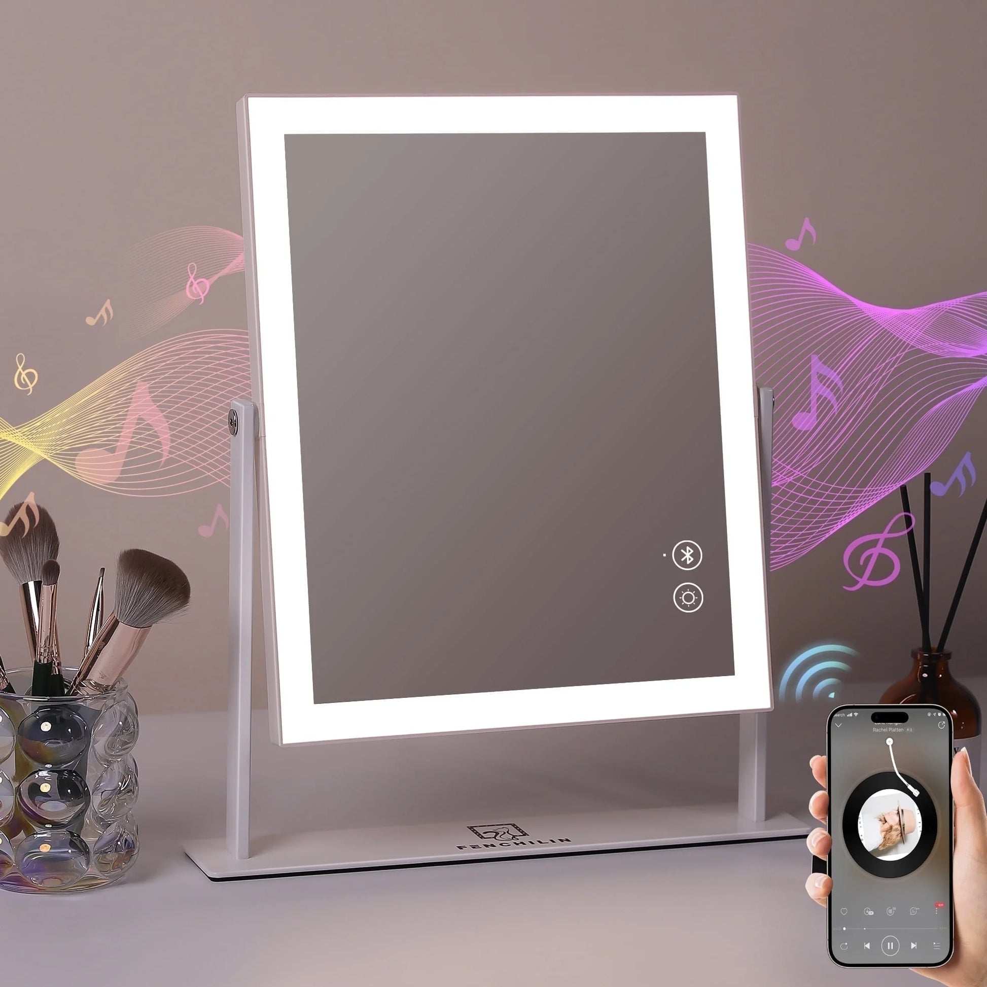 12" x 14" Bluetooth-Enabled Vanity Makeup Mirror with Lights - Metal Tabletop in White